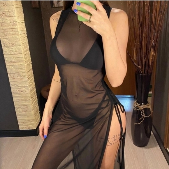 New Black Triangle Top Bikini Set with Cover Up Dress Size S - Picture 10 of 11